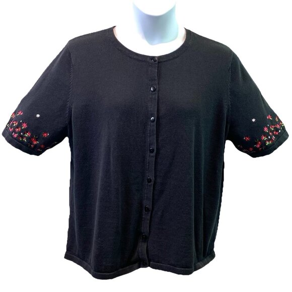CJ Banks Womens Cardigan Sweater Black Linen Cotton Blend Floral Embroidery 2X - Picture 1 of 8